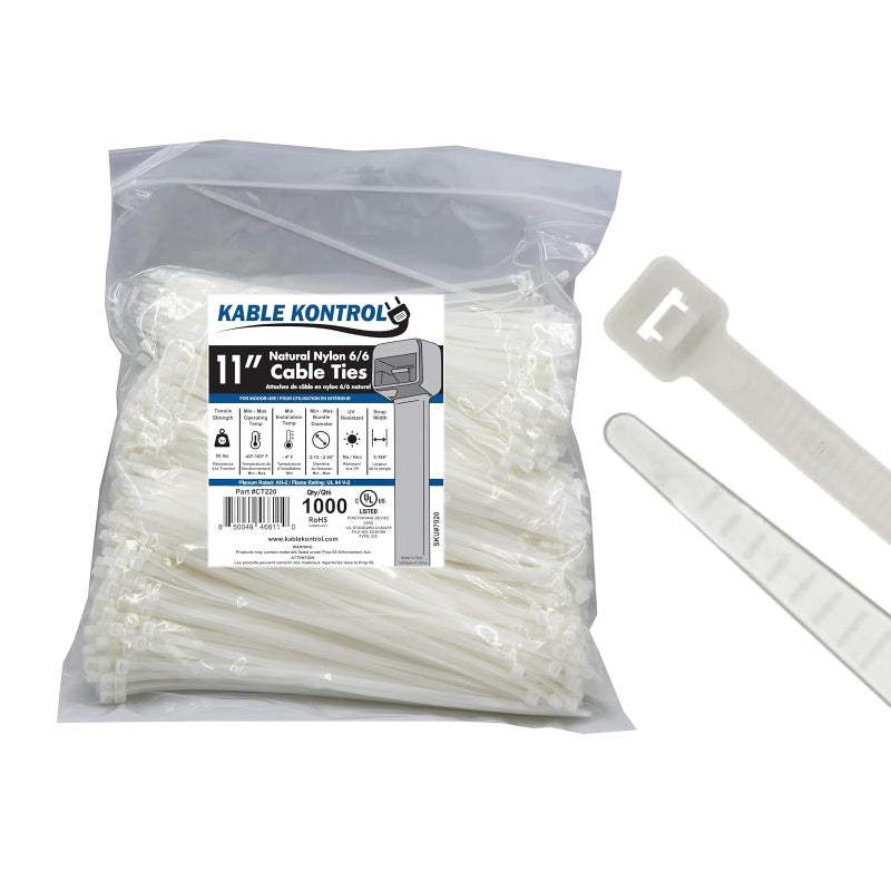 Kable Kontrol Cable Zip Ties Natural White 1000 Pcs 11 Inch, 50 Lbs Tensile Strength, Self-locking Natural Nylon Clear Plastic Wire Ties wraps for Indoor or Outdoor Use - Image 1